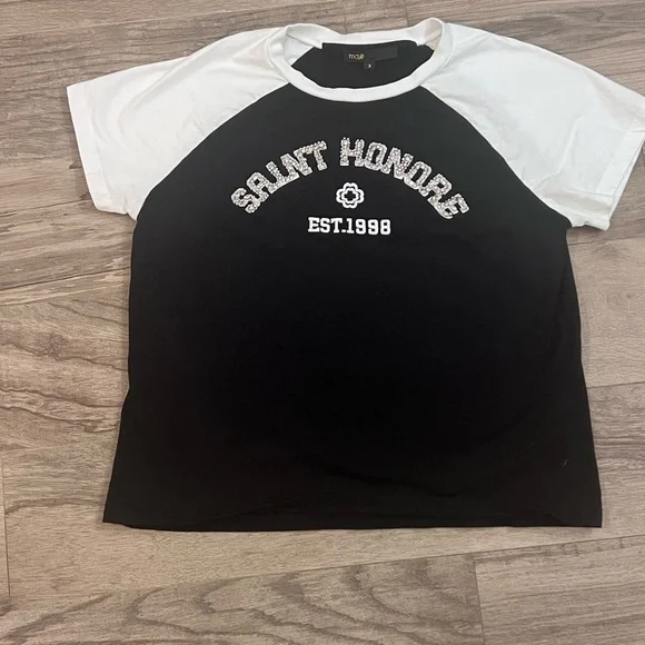 Maje Black and White Crystal Embellished Short Sleeve Tee - Picture 1 of 4